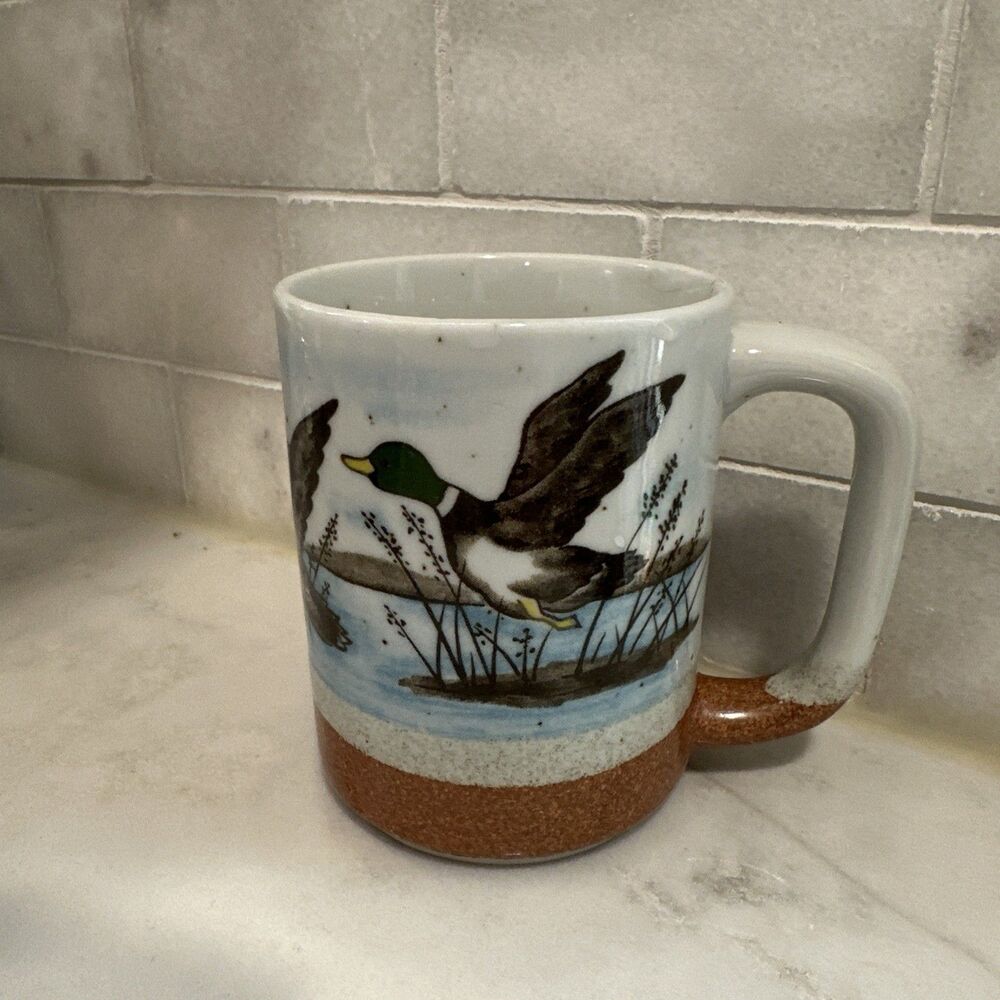 Vintage Otigiri Speckled Stoneware Coffee Mug Tea Cup Mallard Ducks on a Lake
